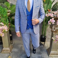 Costum elegant bleu pal in carouri set 3 piese C4429 4