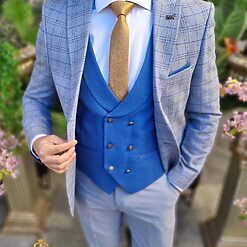 Costum elegant bleu pal in carouri set 3 piese C4429 5