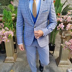 Costum elegant bleu pal in carouri set 3 piese C4429 6