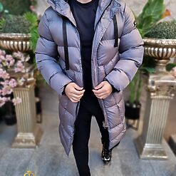 Geaca gri inchis lunga si groasa pentru barbati cu gluga GC816 4