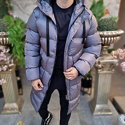 Geaca gri inchis lunga si groasa pentru barbati cu gluga GC816 5