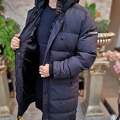 Geaca gri inchis lunga si groasa pentru barbati cu gluga GC819 3