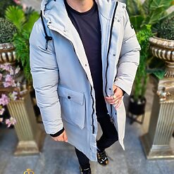 Geaca gri lunga si groasa pentru barbati cu gluga GC806 5