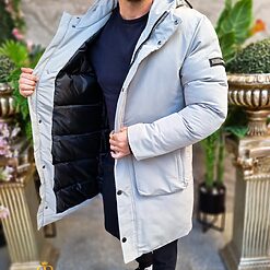 Geaca gri lunga si groasa pentru barbati cu gluga GC806 6