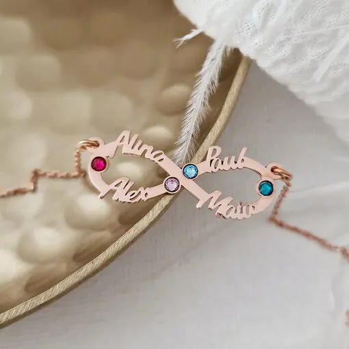 Lantisor Etern - Infint cu 4 nume decupate si cristale Swarovski - Argint 925 placat cu Aur Roz 18K-Personalizate >> Ocazie >> Familia mea >> Noutati