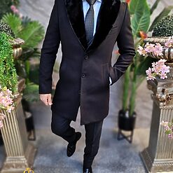 Palton negru cu blana la guler Slim Fit PT466 2