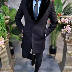 Palton negru cu blana la guler Slim Fit PT466 3