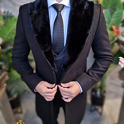 Palton negru cu blana la guler Slim Fit PT466 4