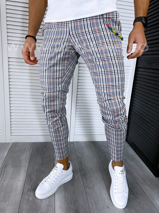 Pantaloni barbati casual regular fir gri in carouri B4960 3-2 E*F5-5-Pantaloni > Pantaloni casual