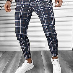 Pantaloni barbati casual regular fit bleumarin in carouri B7948 F6-4.3 E 256-5-Pantaloni > Pantaloni casual