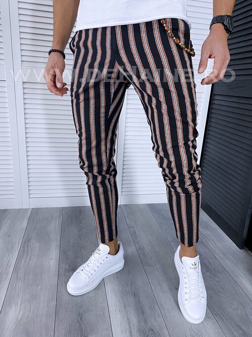 Pantaloni barbati casual regular fit negri in dungi B1594 7-2 E/F6-5-Pantaloni > Pantaloni casual