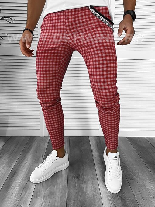 Pantaloni barbati casual regular fit rosii in carouri B1855 250-3 e B6-4.1-Pantaloni > Pantaloni casual