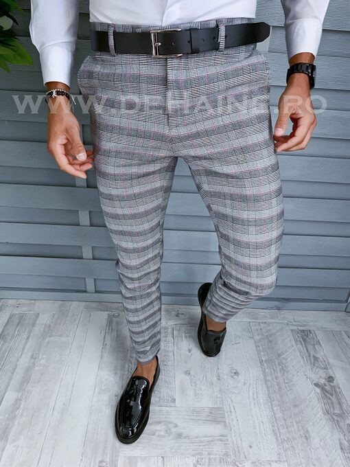 Pantaloni barbati eleganti gri in carouri B1916 F1-4.1-Pantaloni > Pantaloni eleganti