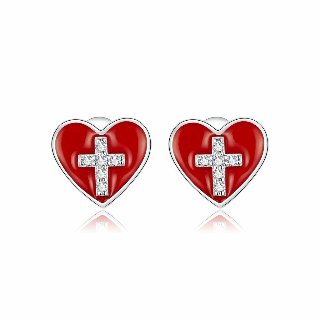 Cercei din argint Cross Red Heart-Cercei