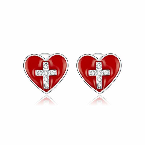 Cercei din argint Cross Red Heart-Cercei