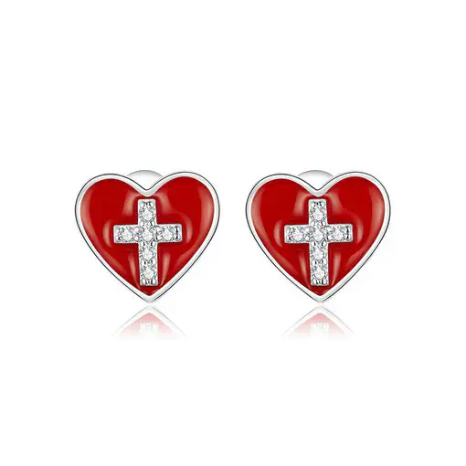 Cercei din argint Cross Red Heart-Cercei