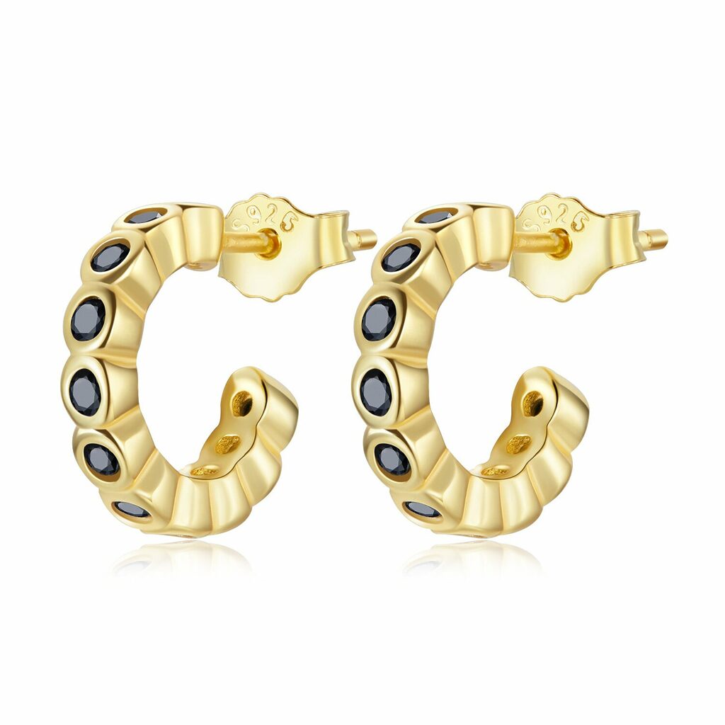 Cercei din argint Golden Black Studded Hoops-Cercei >> Cercei din argint