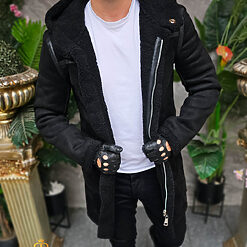 Cojoc barbatesc lung imblanit la interior negru cu gluga CJ026 4