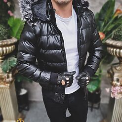 Geaca neagra de barbati groasa cu blana detasabila la gluga GC840 3