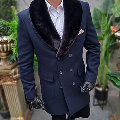 Palton bleumarin cu blana la guler detasabila croiala Slim Fit PT472 3