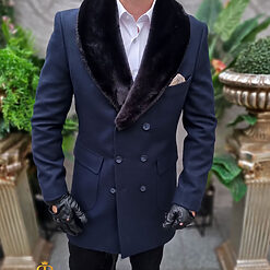 Palton bleumarin cu blana la guler detasabila croiala Slim Fit PT472 4