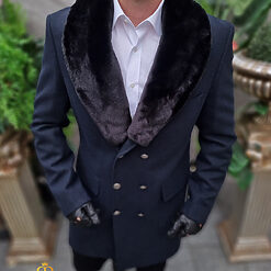 Palton bleumarin cu blana la gulerdetasabila croiala Slim Fit PT470 3