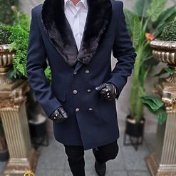 Palton bleumarin cu blana la gulerdetasabila croiala Slim Fit PT470 4