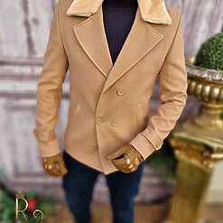Palton crem de barbati Slim Fit cu guler de blana PT367 3