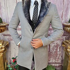 Gri cu guler detașabil din blana - PT454-Paltoane