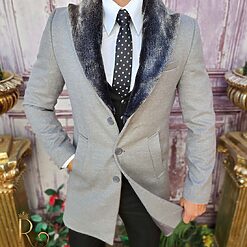 Palton de barbati Slim Fit Gri cu guler detasabil din blana PT454 3