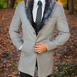 Palton de barbati Slim Fit Gri cu guler detasabil din blana PT454 4
