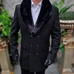 Palton negru cu blana la gulerdetasabila croiala Slim Fit PT471 3
