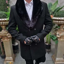 Palton negru cu blana la gulerdetasabila croiala Slim Fit PT471 4