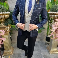 Costum de barbati bleumarin Slim Fit Sacou Vesta si Pantalon C4591 4