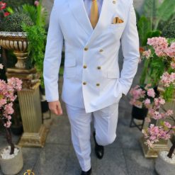 Costum elegant de barbati alb cu butoni aurii Sacou si Pantalon C4502 4