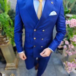 Costum elegant de barbati albastru cu butoni aurii Sacou si Pantalon C4503 4