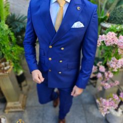 Costum elegant de barbati albastru cu butoni aurii Sacou si Pantalon C4503 5