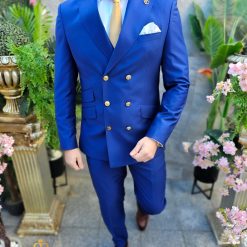 Costum elegant de barbati albastru cu butoni aurii Sacou si Pantalon C4503 6