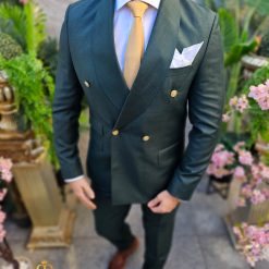 Costum elegant de barbati verde cu butoni aurii Sacou si Pantalon C4506 4