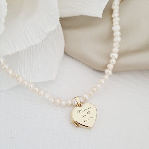 Lantisor cu Perle - Medalionul amintirilor INIMA - Model sirag de perle - Aur Galben 9K-Colectii >> Comori Perlate