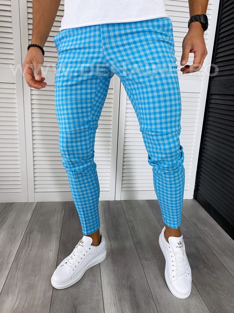 Pantaloni barbati casual regular fit albastri in carouri B1589 E 22-4 ~-Pantaloni > Pantaloni casual