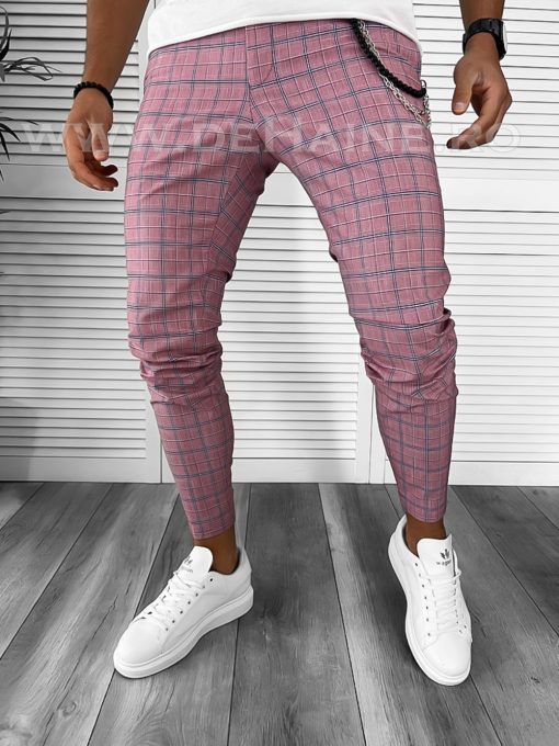 Pantaloni barbati casual regular fit roz in carouri B7873 12-2 E ~-Pantaloni > Pantaloni casual