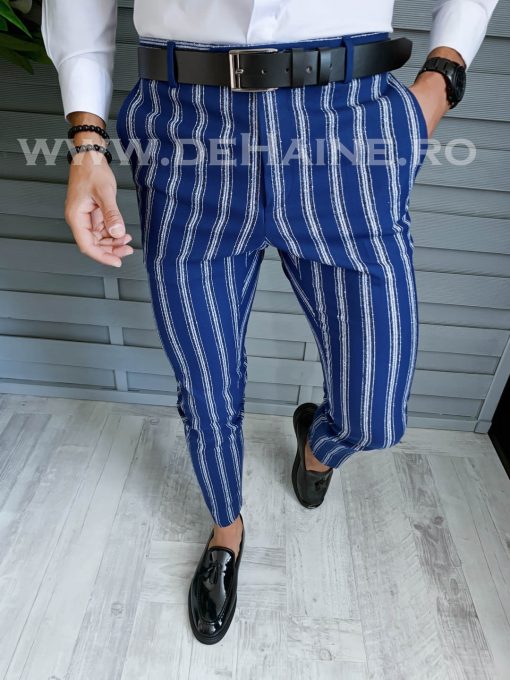 Pantaloni barbati eleganti bleumarin cu dungi B1606 F3-5.2 E 10-5 ~-Pantaloni > Pantaloni eleganti