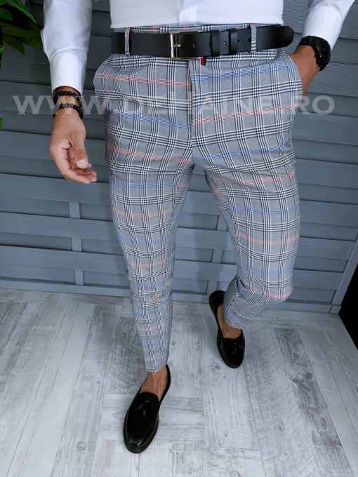 Pantaloni barbati eleganti regular fit gri in carouri B1561 B6-5.2 / 19-1 e ~-Pantaloni > Pantaloni eleganti
