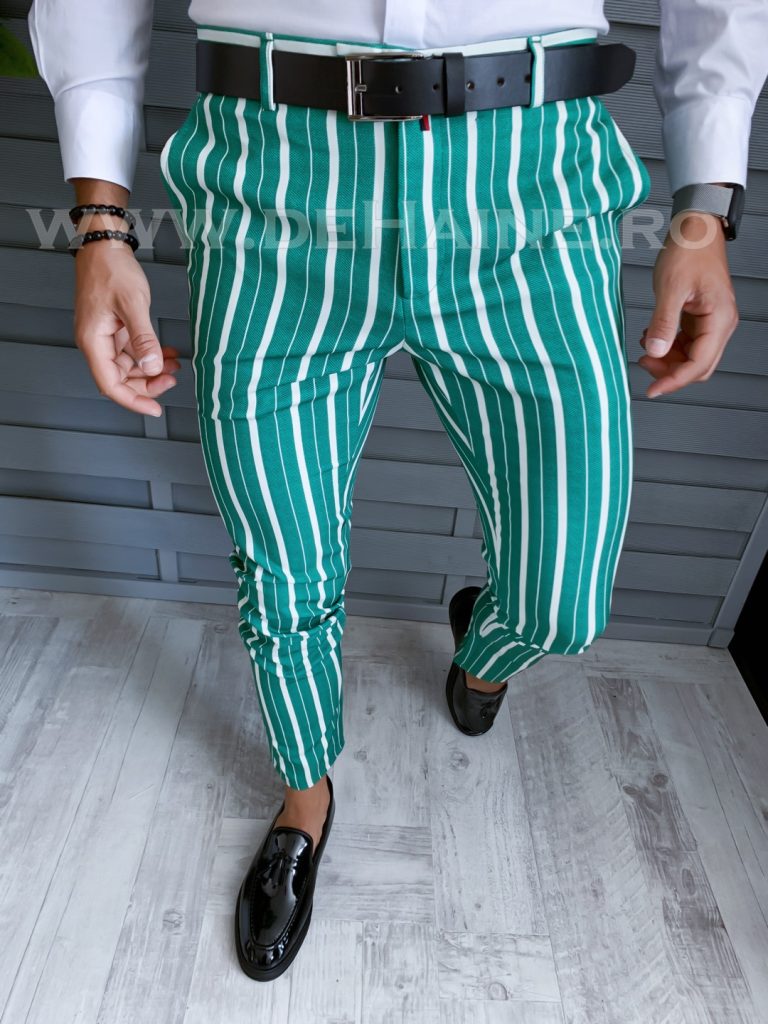 Pantaloni barbati eleganti verzi in dungi B1772 E 22-5 ~-Pantaloni > Pantaloni eleganti