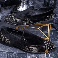 Pantofi negri din catifea cu tinte si piele naturala la interior - P516-Pantofi