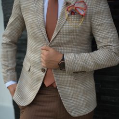 Sacou de barbati Slim Fit Crem in patratele SC67 4