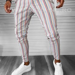 Pantaloni barbati casual regular fit albi cu dungi B7845 N3-5.1 / 66-5 E~-Pantaloni > Pantaloni casual