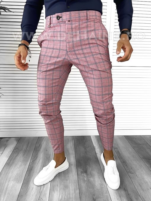 Pantaloni barbati eleganti roz in carouri B8772 12-2 E ~-Pantaloni > Pantaloni eleganti