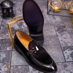 Pantofi Loafers de barbati din piele naturala Negru catifea P1537 3